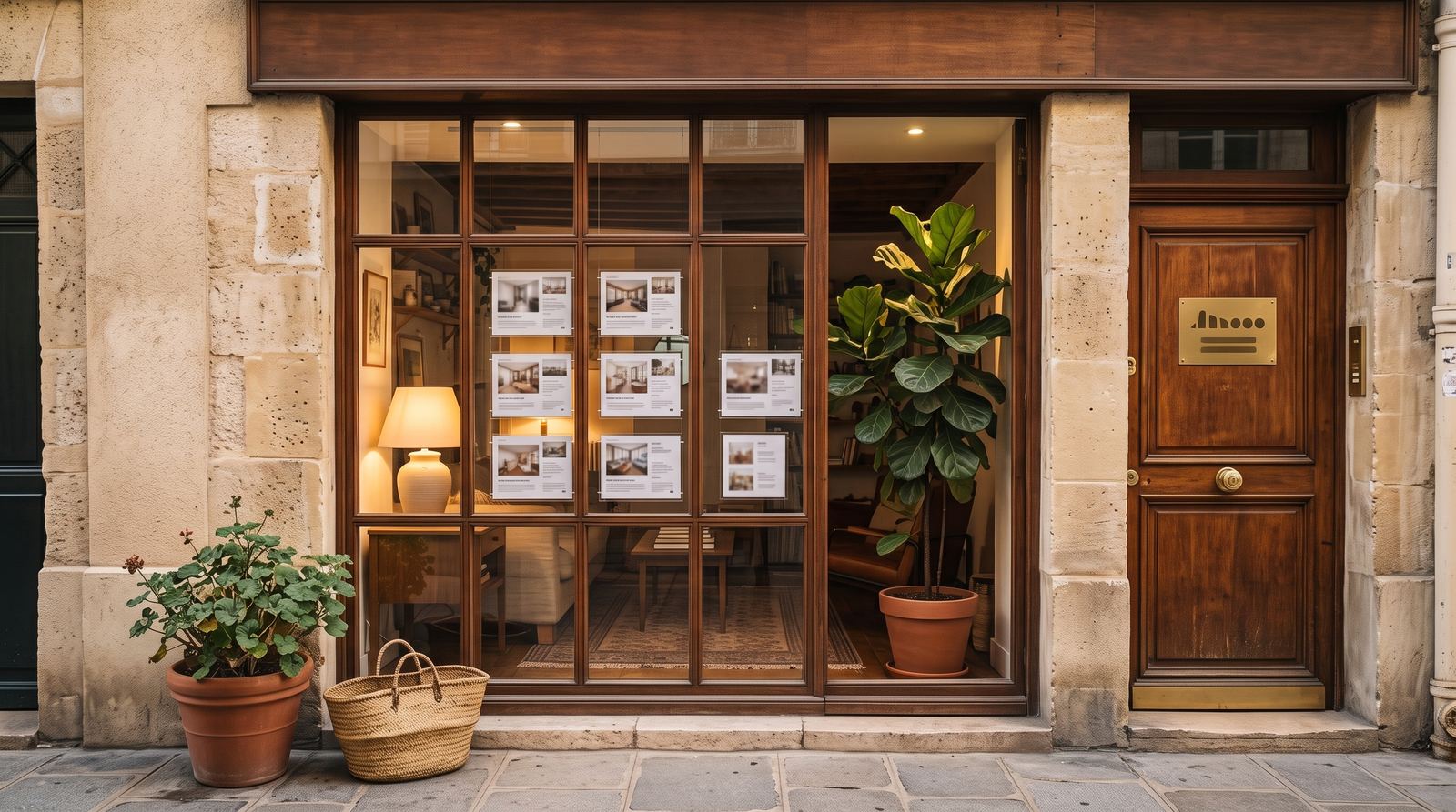 Agent immobilier — vitrine de l’agence, cartes de mandats illisibles (exemple MOTIONEST)