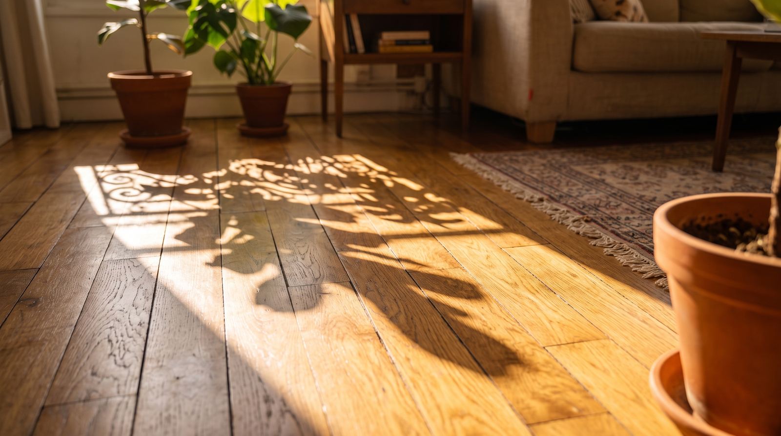 Agent immobilier — détail du sol, parquet et lumière rasante (exemple MOTIONEST)