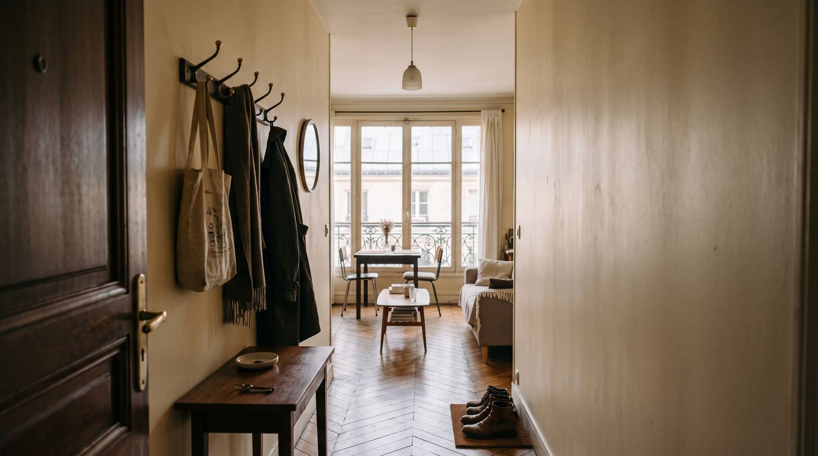Appartement de ville — entrée, ce que voit le client en arrivant (exemple MOTIONEST)