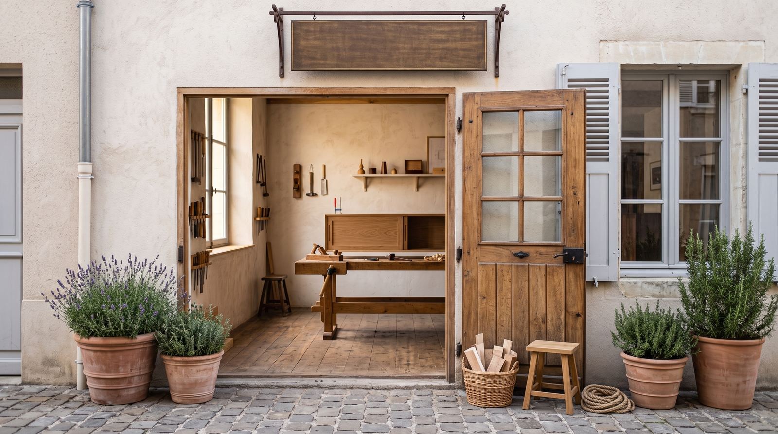 Atelier d’artisan — entrée, ce que voit le client en arrivant (exemple MOTIONEST)
