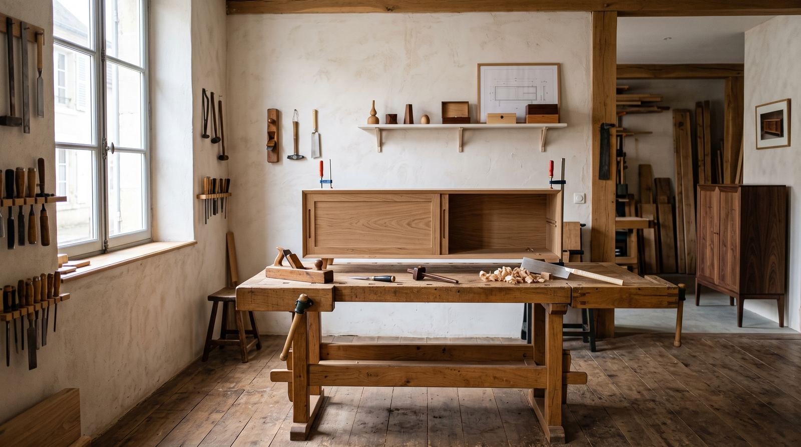 Atelier d’artisan — établi, outils réellement utilisés (exemple MOTIONEST)
