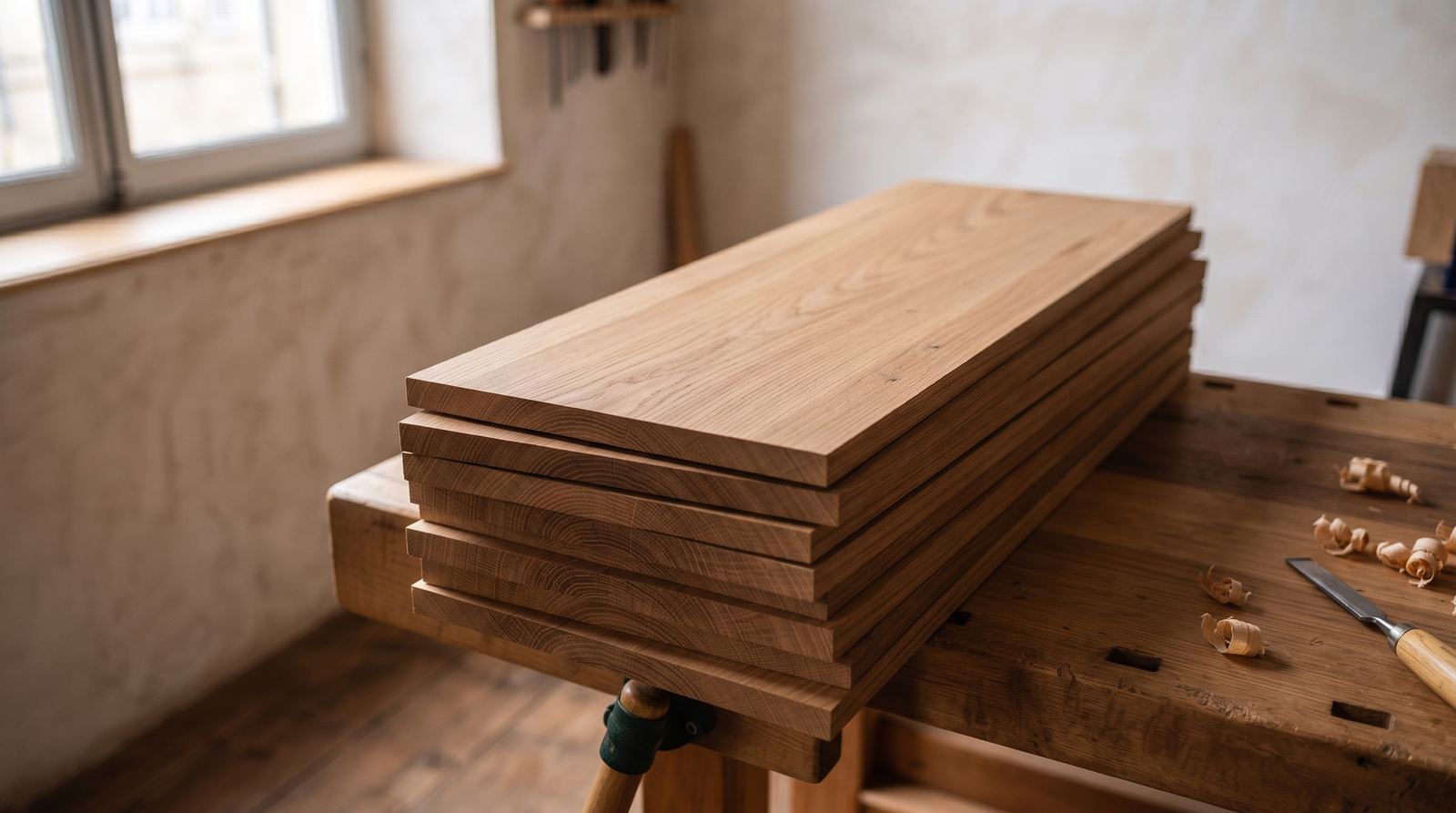 Atelier d’artisan — matière première, grain et teinte naturels (exemple MOTIONEST)