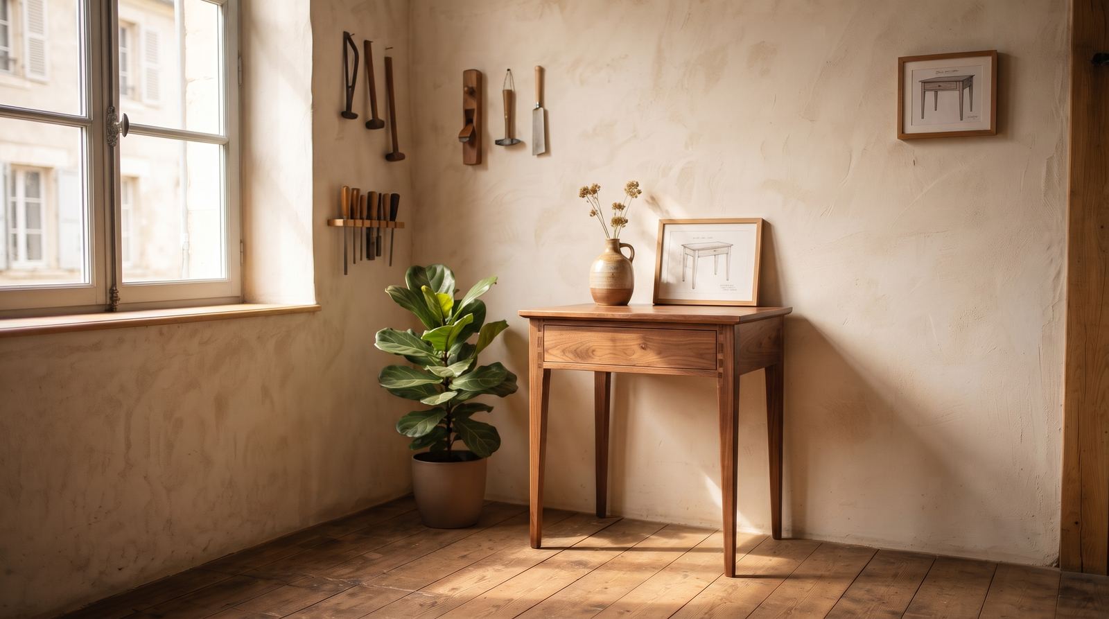 Atelier d’artisan — pièce terminée, dimensions et finition fidèles (exemple MOTIONEST)