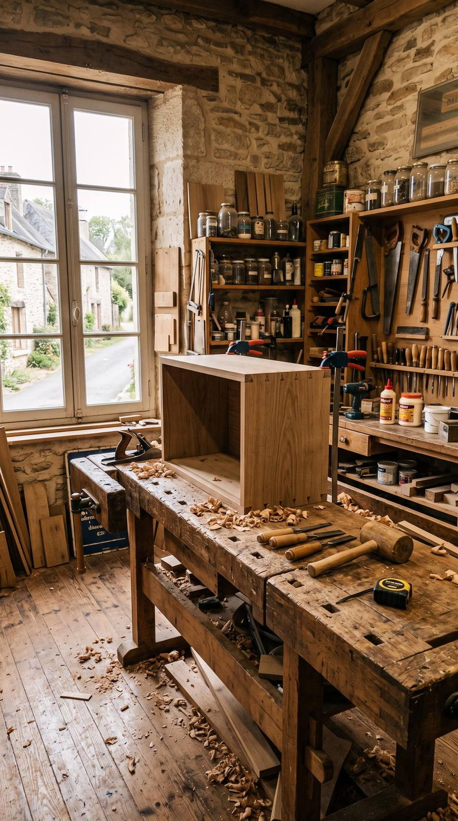 Atelier d’artisan — variante Menuiserie, cadrage vertical 9:16 (exemple MOTIONEST)