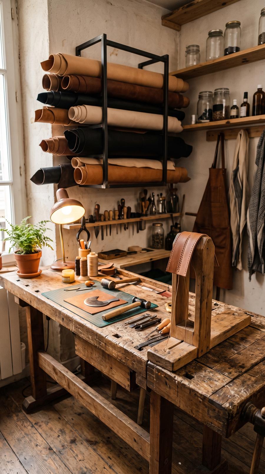 Atelier d’artisan — variante Maroquinerie, cadrage vertical 9:16 (exemple MOTIONEST)
