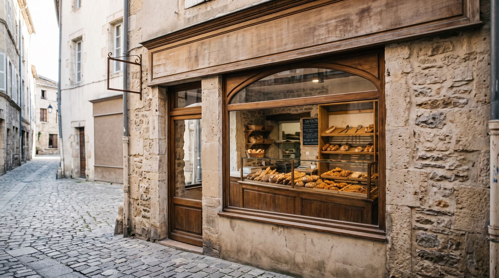 Boulangerie-pâtisserie — devanture, vue depuis le trottoir (exemple MOTIONEST)