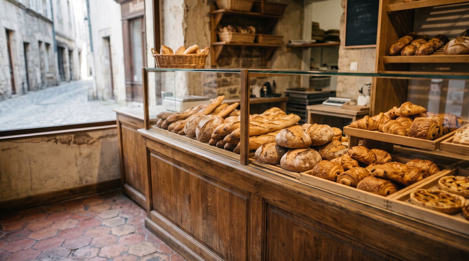 Boulangerie-pâtisserie — pains et viennoiseries, cuisson lisible, sans étiquette (exemple MOTIONEST)