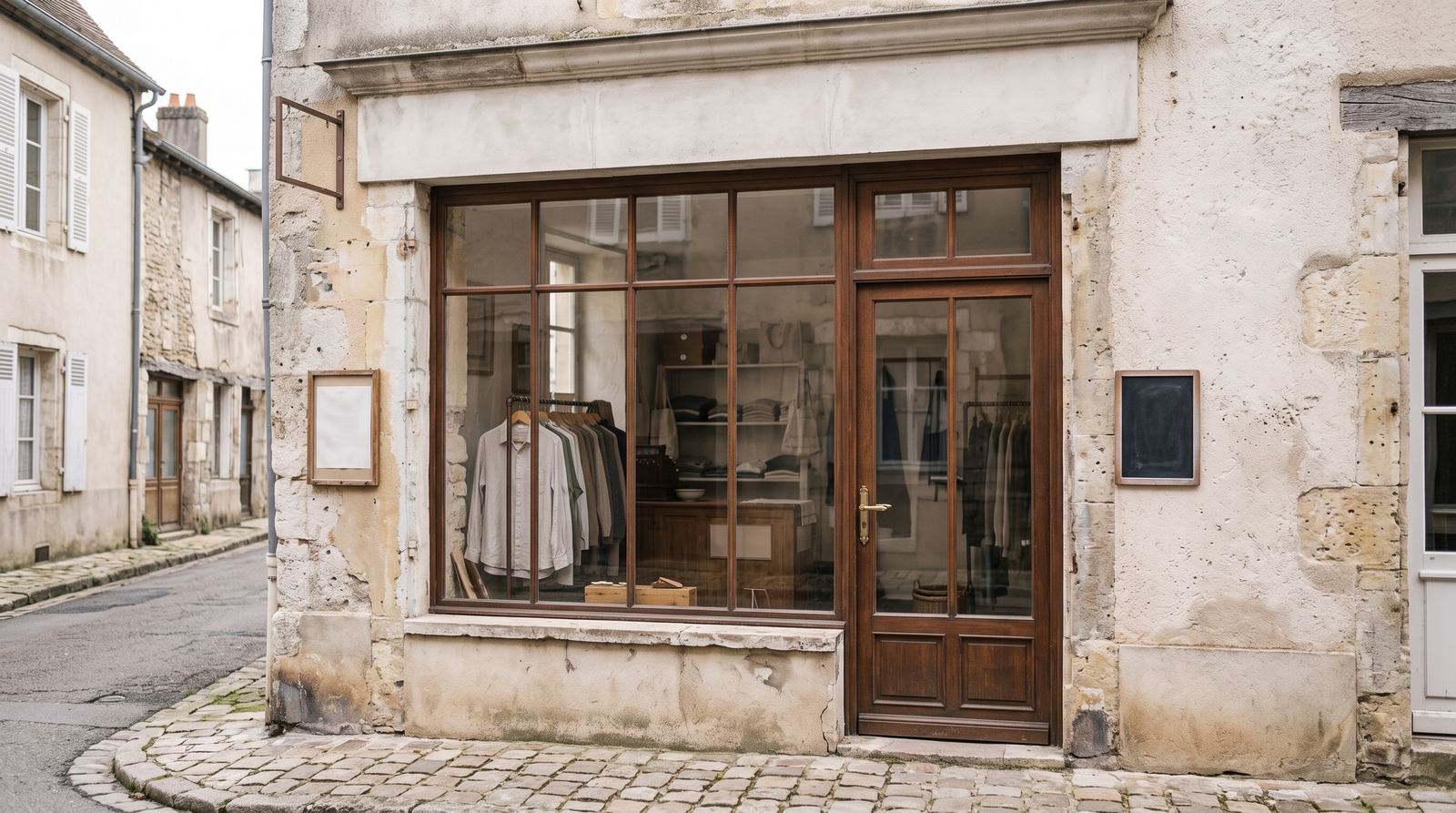 Boutique de vêtements — devanture, vue depuis le trottoir (exemple MOTIONEST)