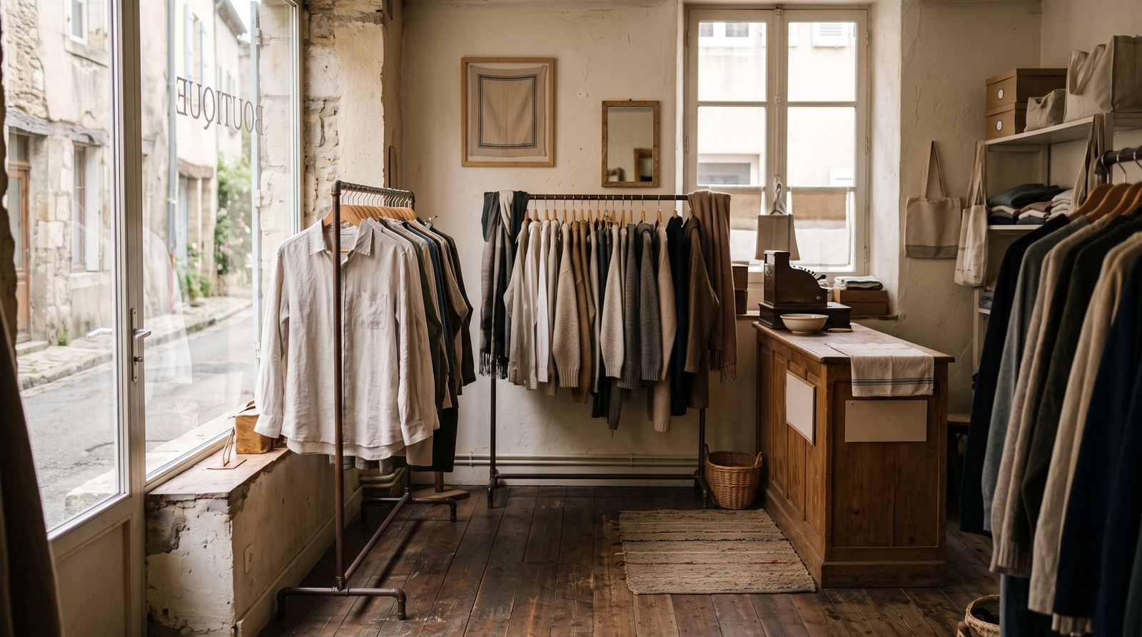 Boutique de vêtements — vue d’ensemble, circulation et portants (exemple MOTIONEST)