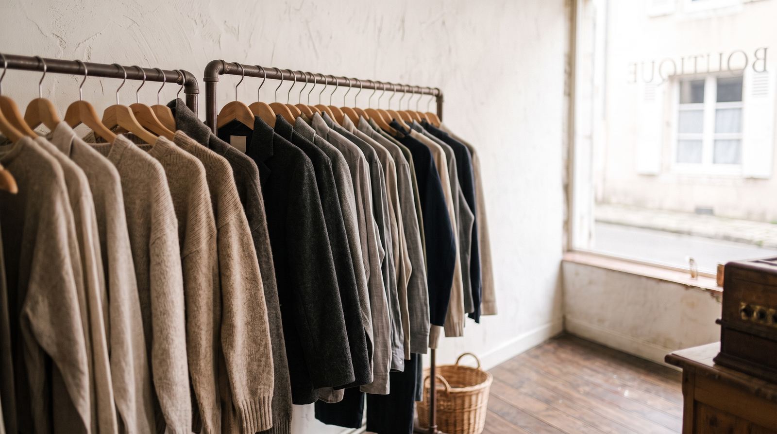 Boutique de vêtements — portant, pièces cohérentes entre elles (exemple MOTIONEST)