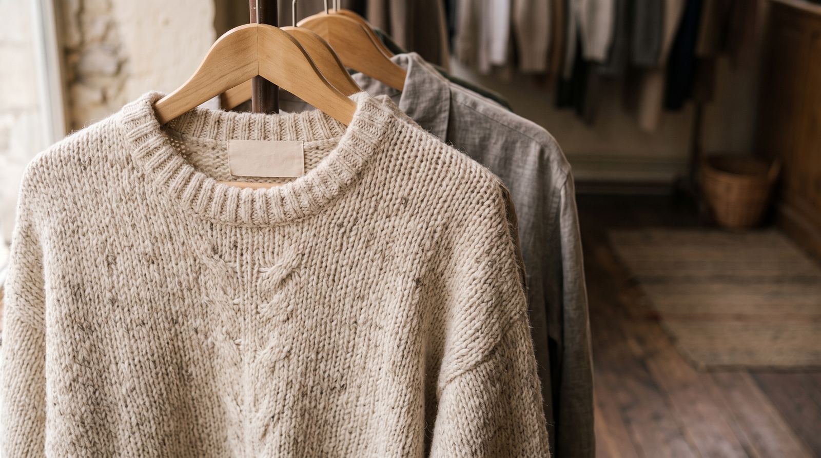 Boutique de vêtements — détail matière, couleur et tissage lisibles (exemple MOTIONEST)