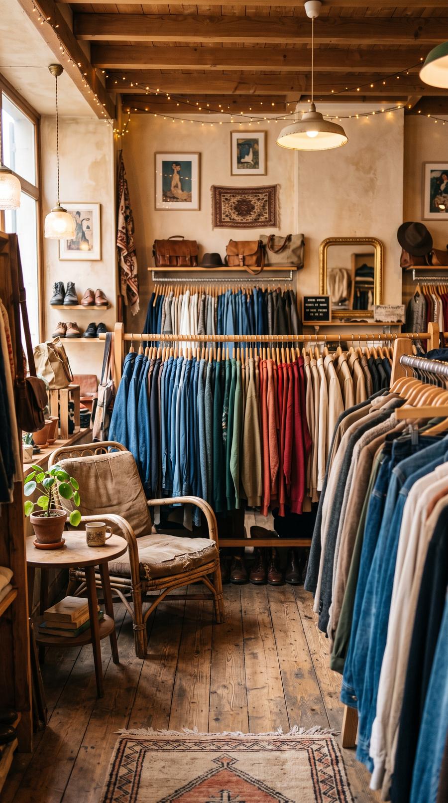 Boutique de vêtements — variante Friperie soignée, cadrage vertical 9:16 (exemple MOTIONEST)