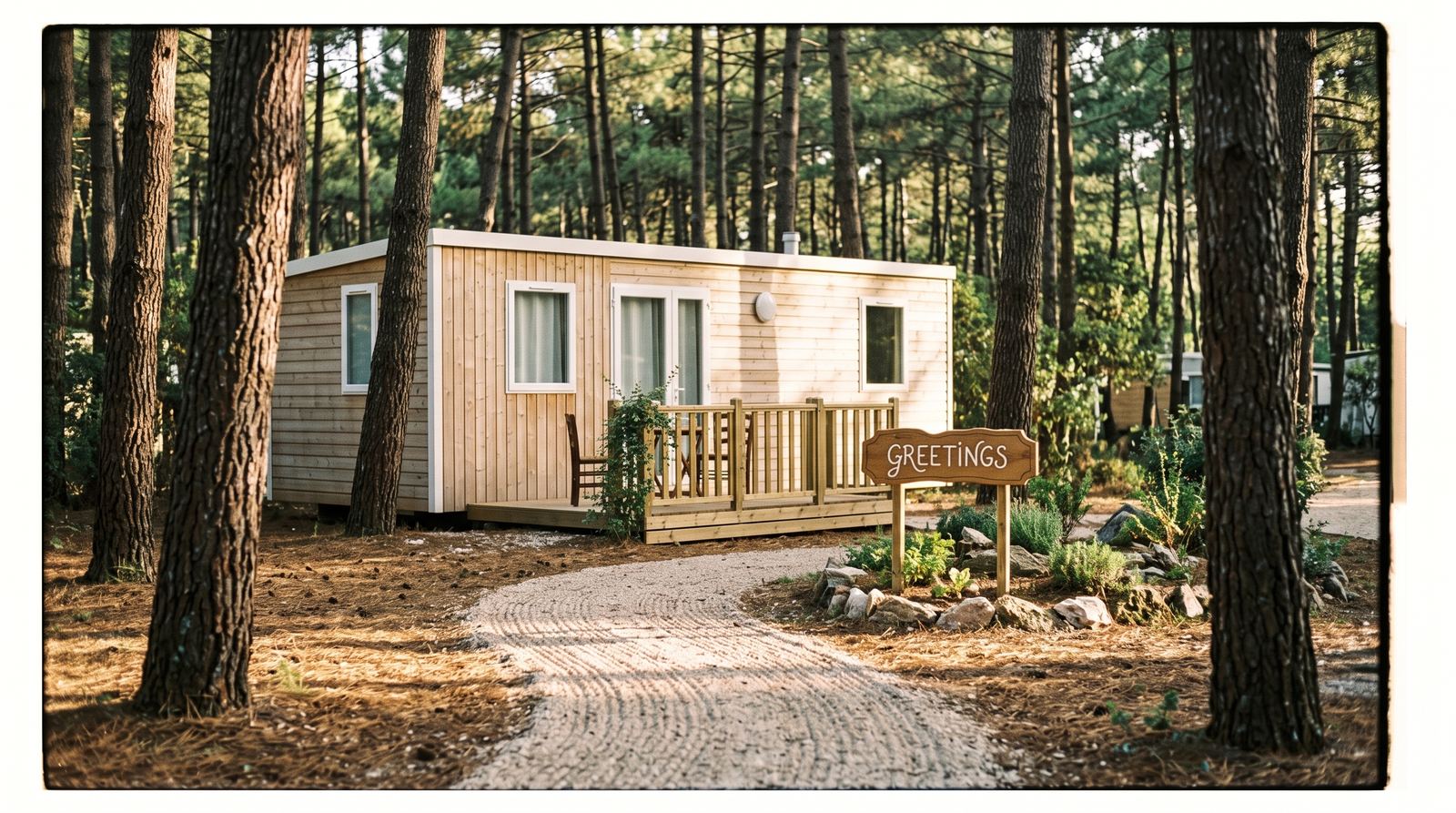 Bungalow & camping — arrivée, le chemin d’accès (exemple MOTIONEST)