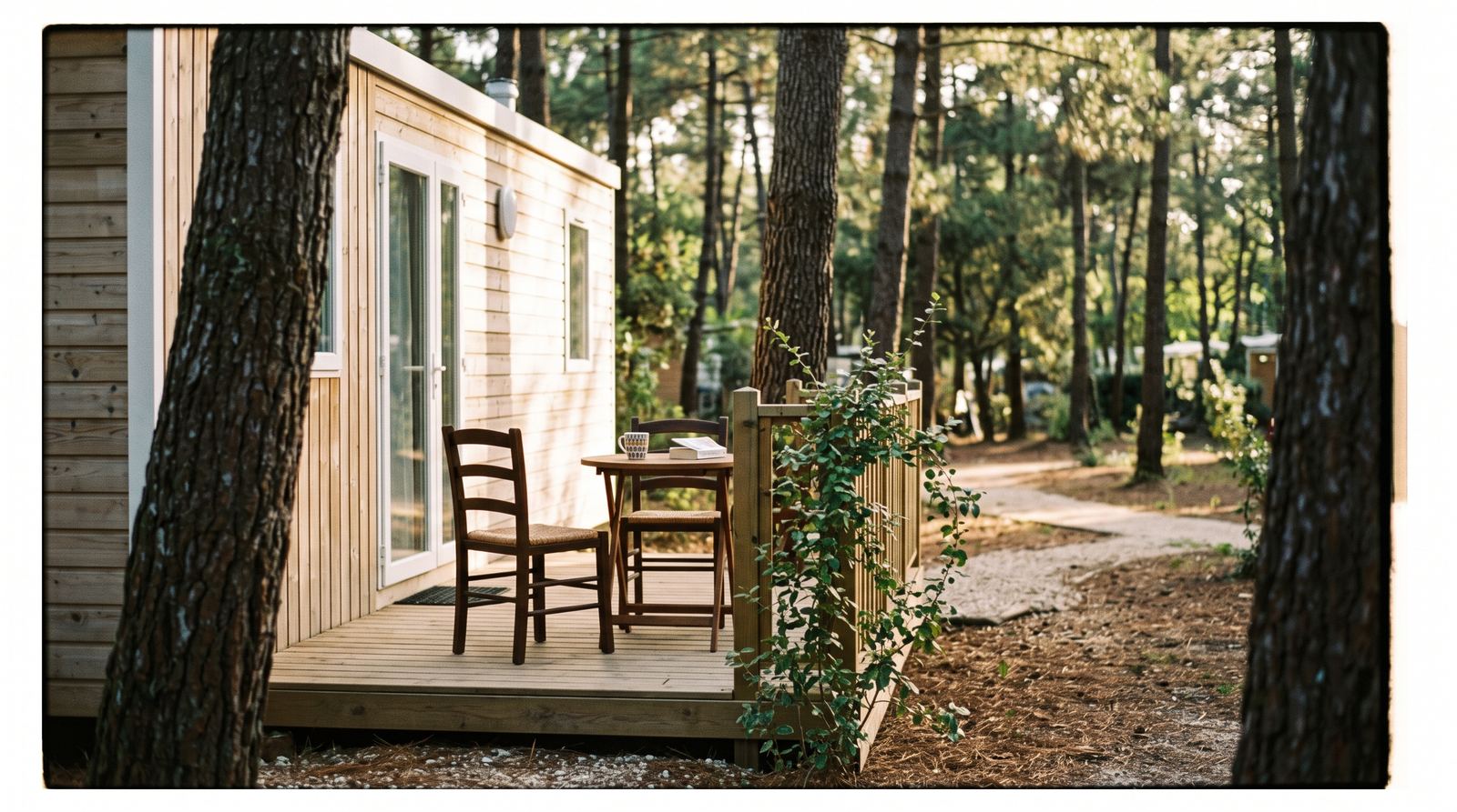 Bungalow & camping — bungalow, vu depuis la terrasse (exemple MOTIONEST)
