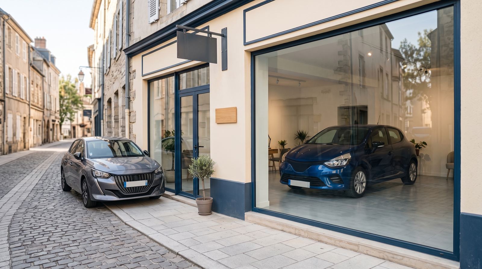 Concession automobile — façade, vue depuis la rue (exemple MOTIONEST)