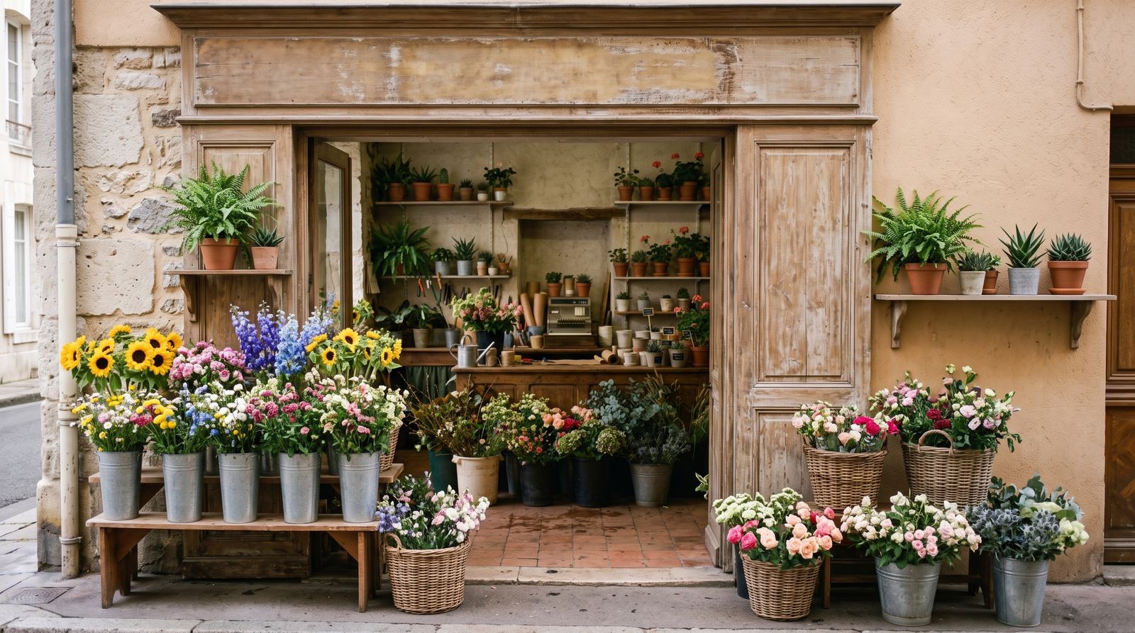 Fleuriste — devanture, vue depuis le trottoir (exemple MOTIONEST)