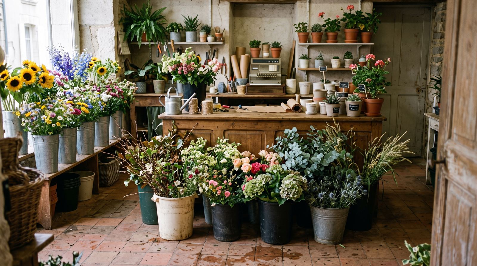 Fleuriste — intérieur de la boutique, seaux et fleurs de saison (exemple MOTIONEST)