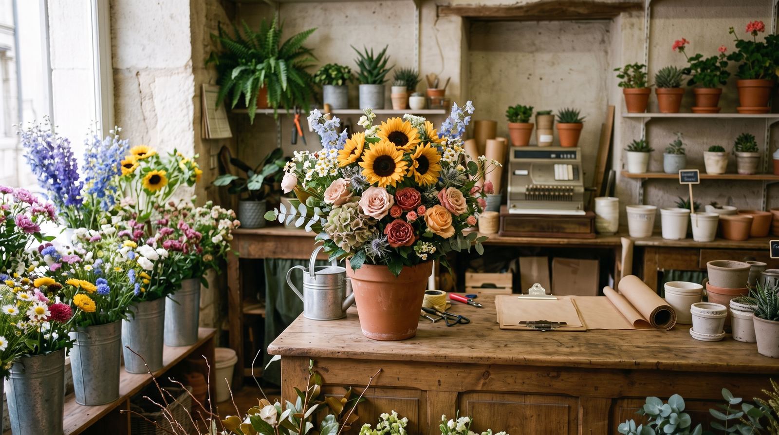 Fleuriste — bouquet du jour, volume et teintes naturels (exemple MOTIONEST)