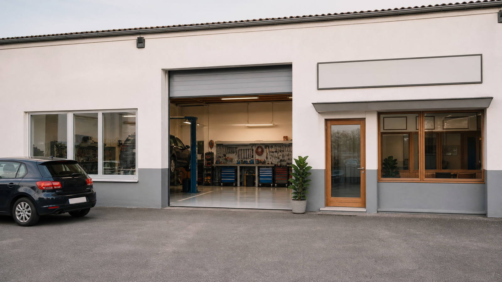 Garage automobile — façade, vue depuis la rue (exemple MOTIONEST)
