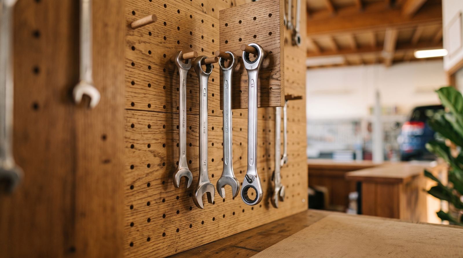 Garage automobile — outils, rangés, sans écran de données (exemple MOTIONEST)