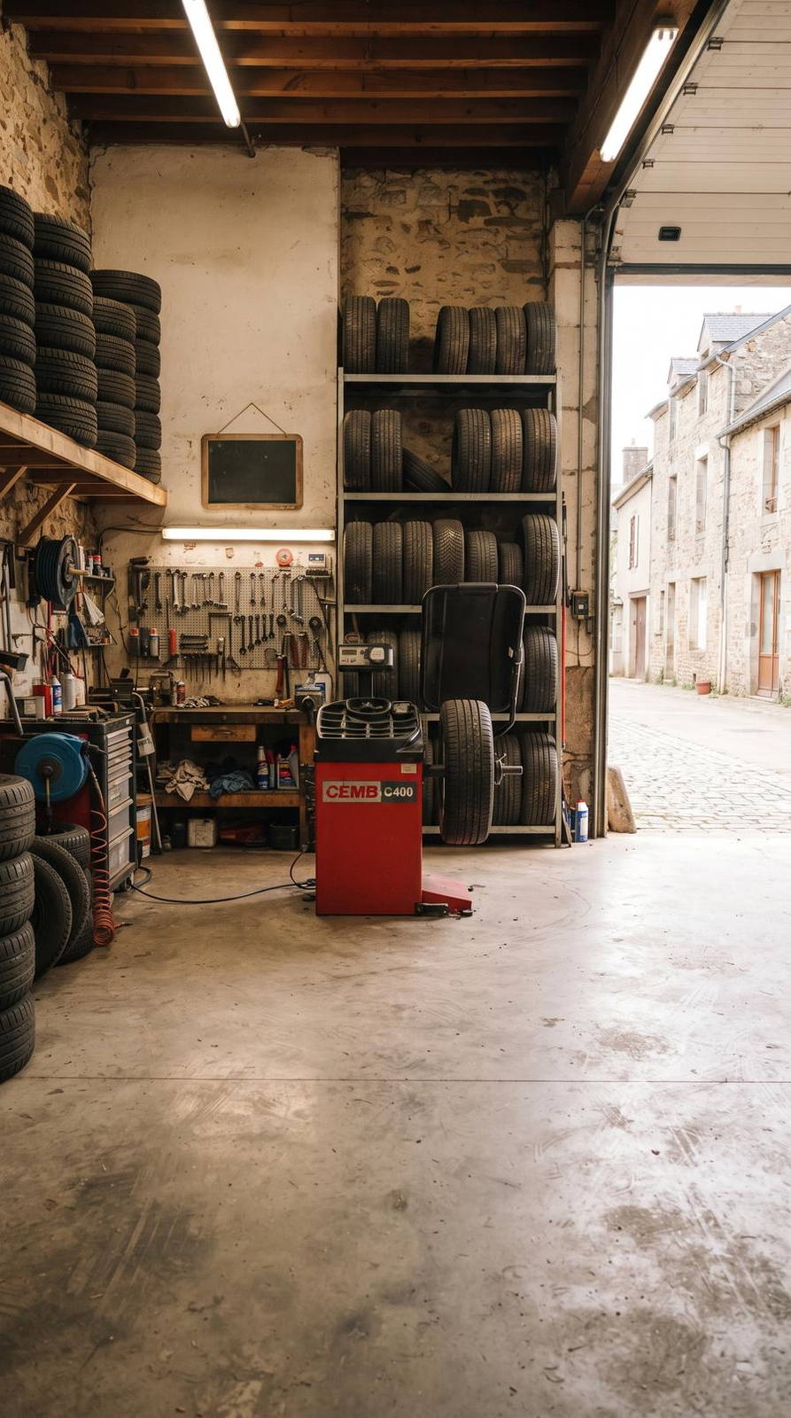 Garage automobile — variante Spécialiste pneus, cadrage vertical 9:16 (exemple MOTIONEST)