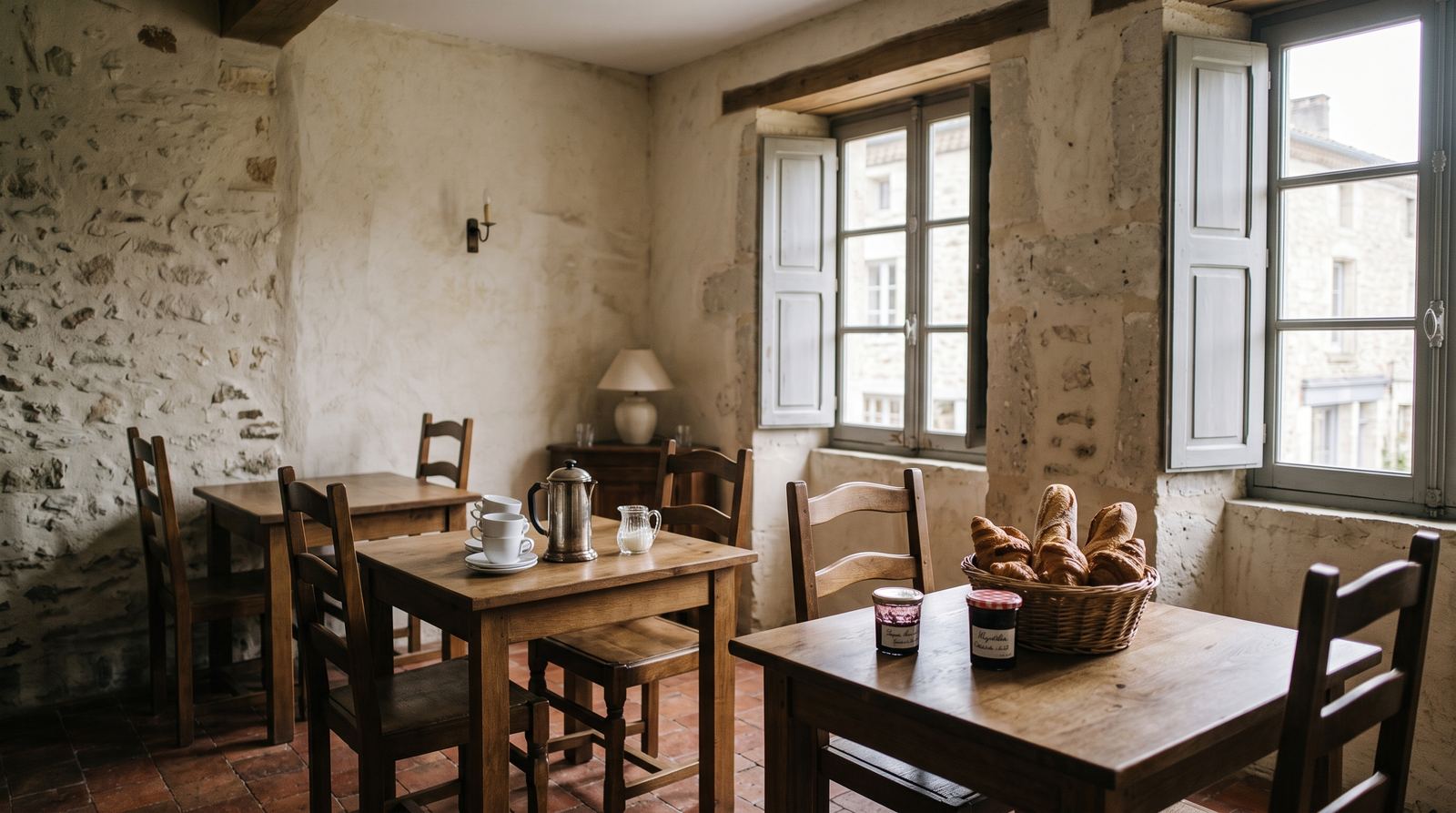 Hôtel indépendant — petit-déjeuner, tables et mobilier du lieu (exemple MOTIONEST)