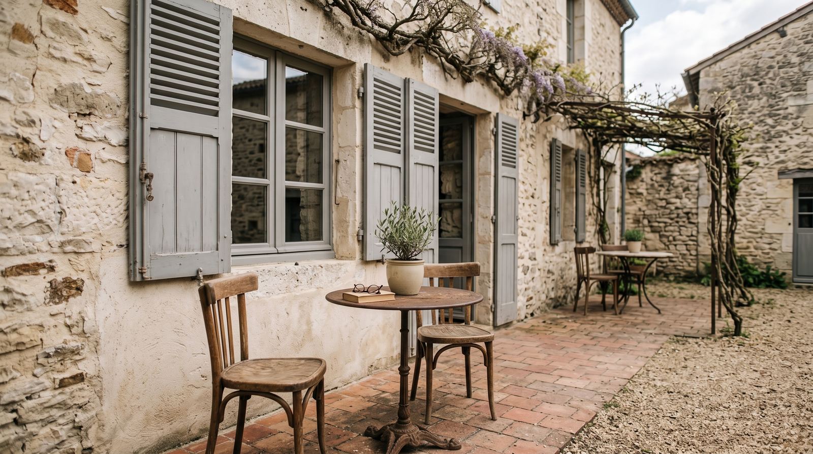 Hôtel indépendant — terrasse, mobilier extérieur du lieu (exemple MOTIONEST)
