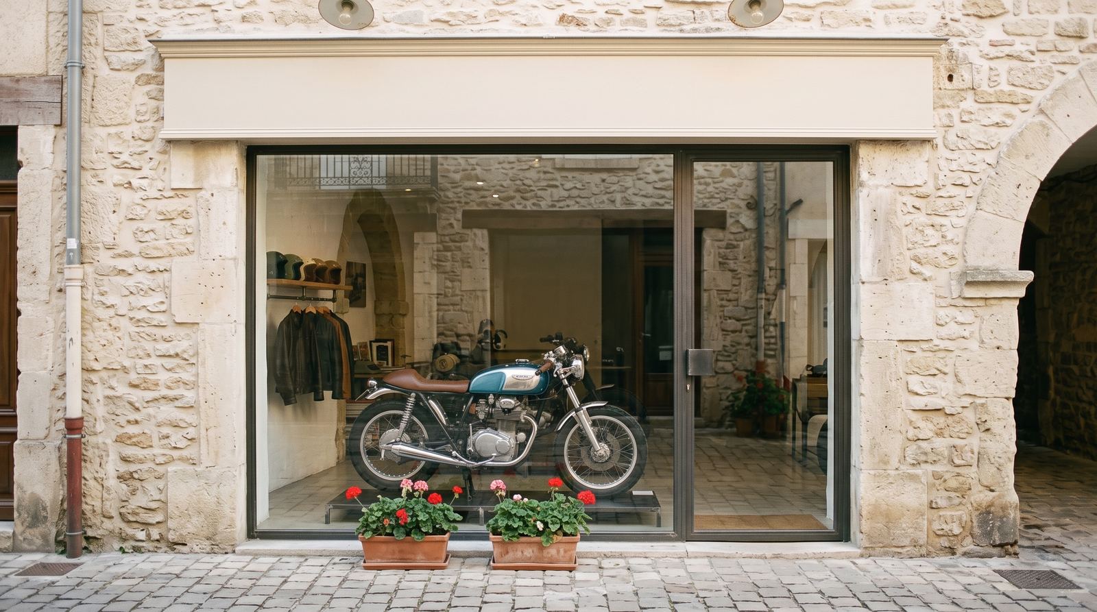 Magasin de motos — façade, vue depuis la rue (exemple MOTIONEST)