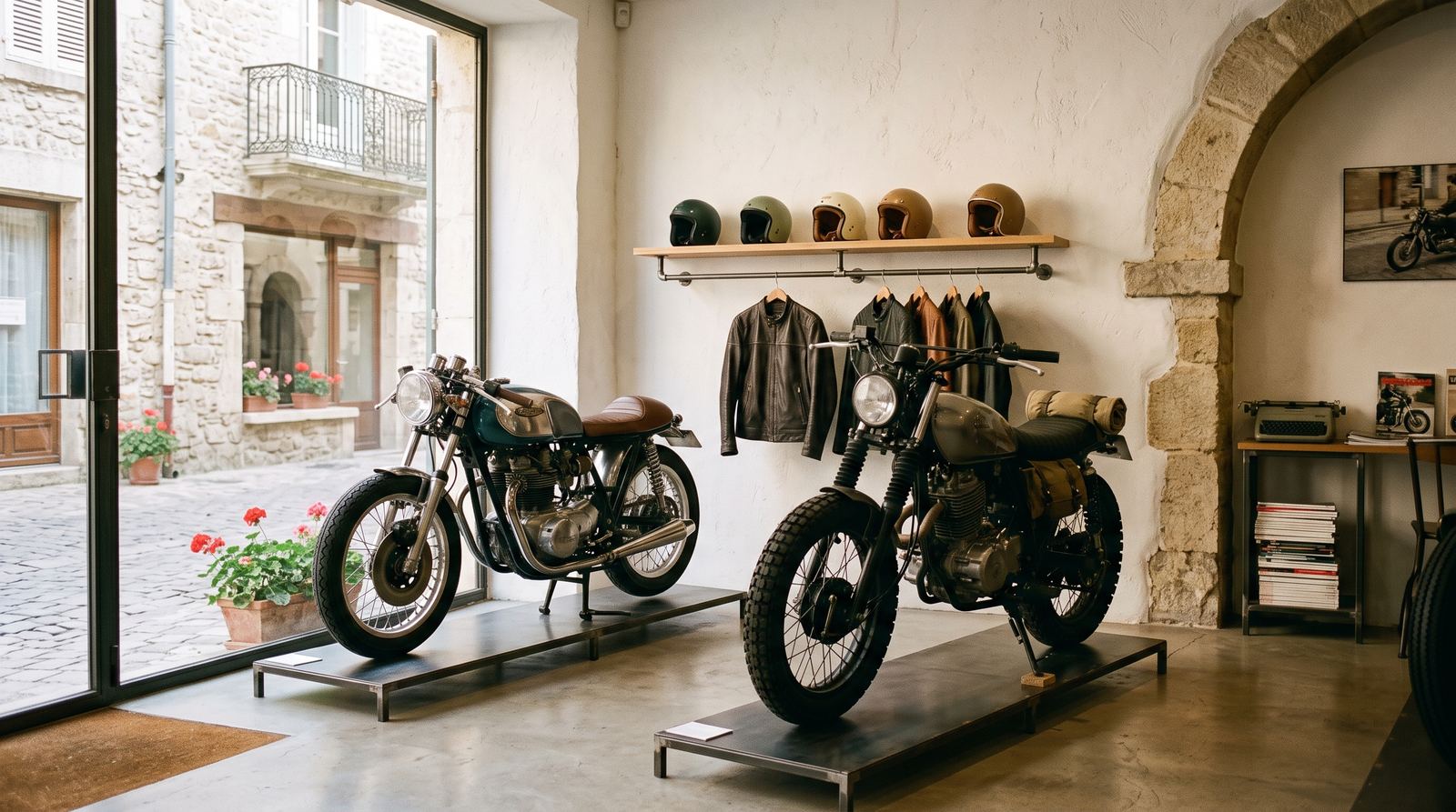Magasin de motos — showroom, alignement et lumière d’atelier (exemple MOTIONEST)