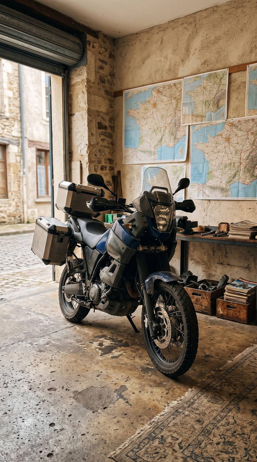 Magasin de motos — variante Trail aventure, cadrage vertical 9:16 (exemple MOTIONEST)