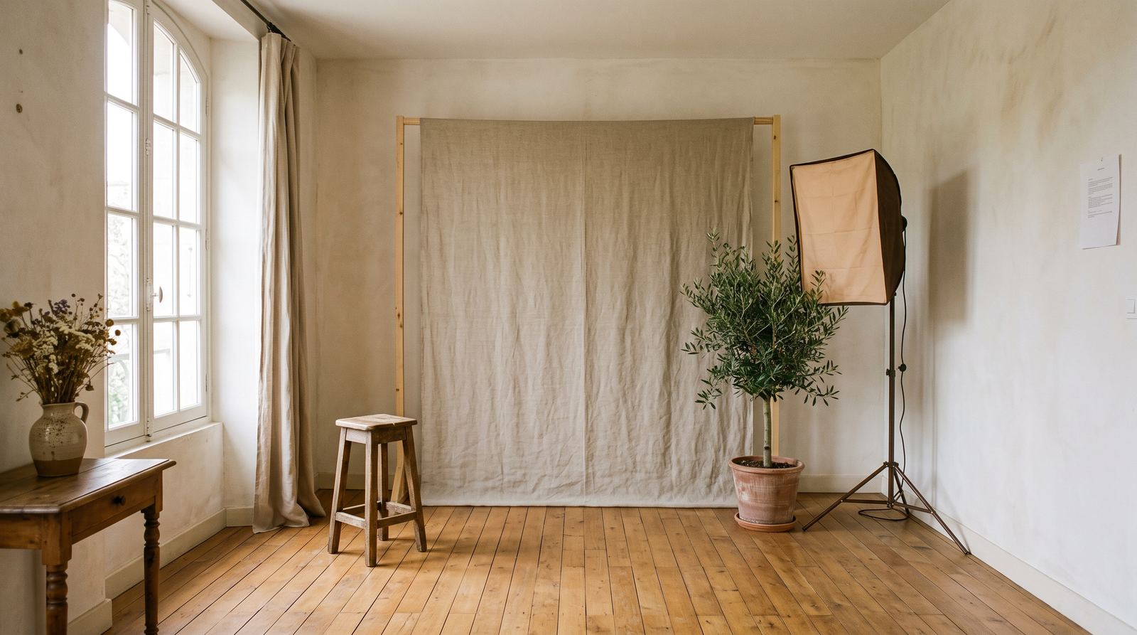 Photographe indépendant — vue du studio, fond et espace de pose (exemple MOTIONEST)