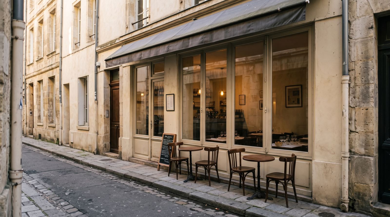 Restaurant indépendant — devanture, vue depuis le trottoir (exemple MOTIONEST)