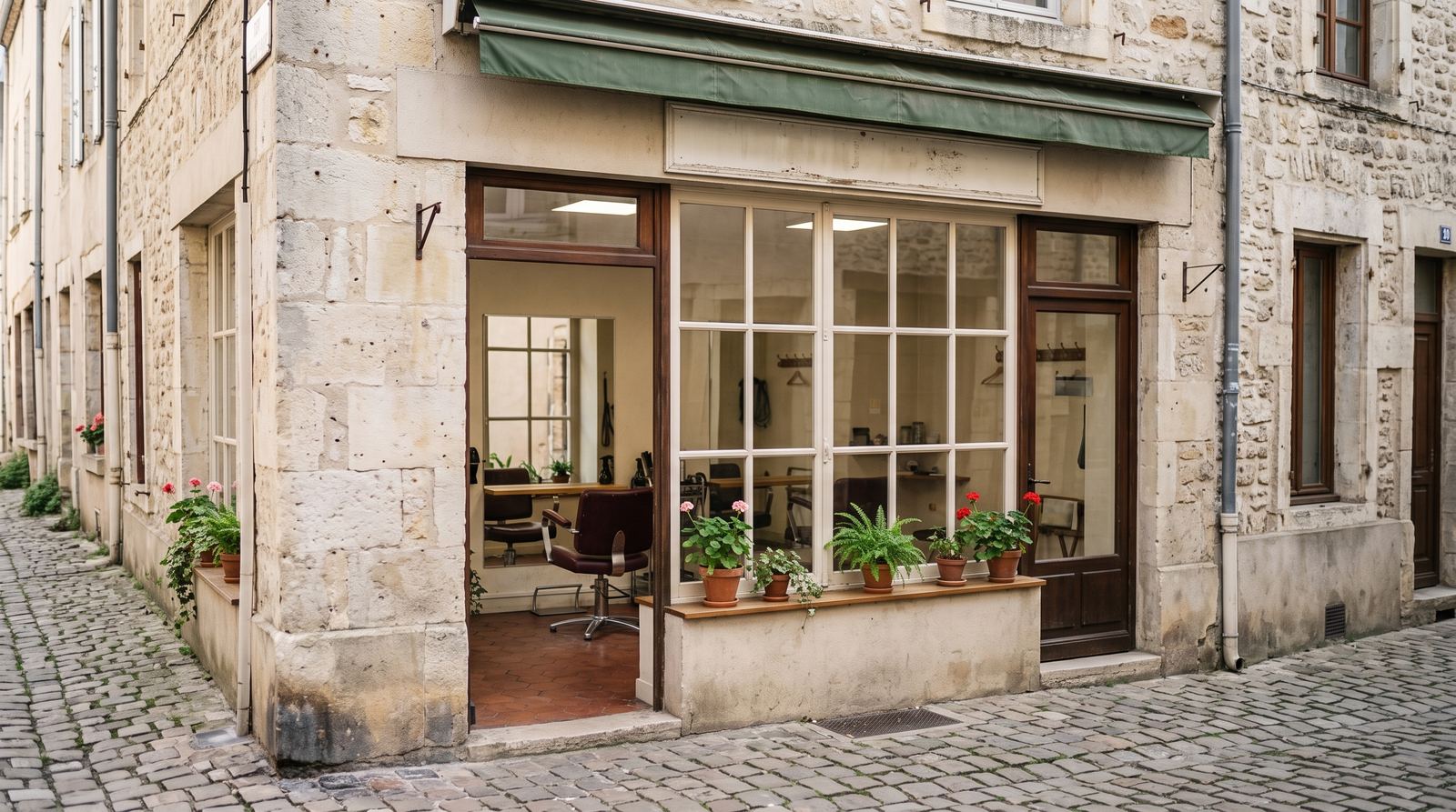 Salon de coiffure — devanture, vue depuis le trottoir (exemple MOTIONEST)