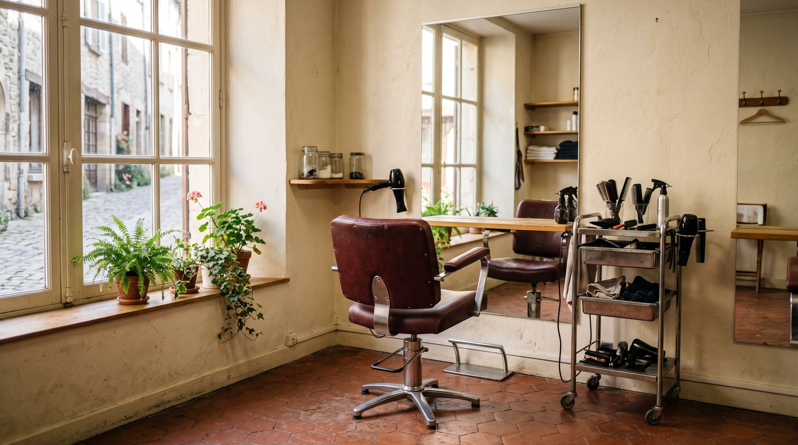 Salon de coiffure — poste de coiffage, miroir et matériel du salon (exemple MOTIONEST)