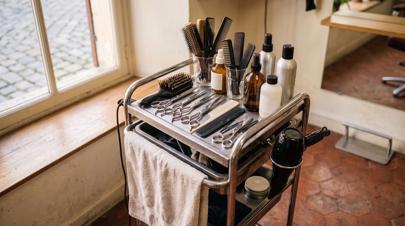Salon de coiffure — chariot d’outils, ciseaux, peignes, produits sans marque (exemple MOTIONEST)