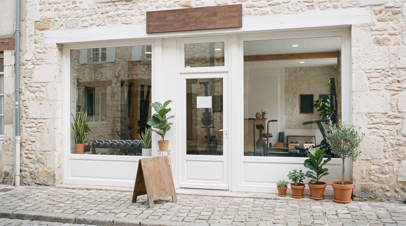 Studio fitness — entrée, ce que voit le client en arrivant (exemple MOTIONEST)