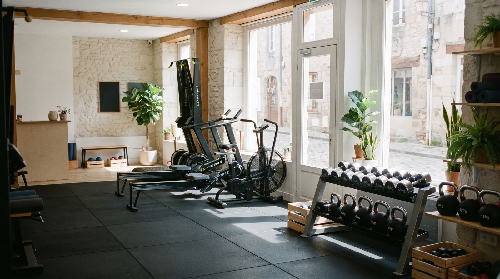 Studio fitness — plateau, machines rangées, salle vide (exemple MOTIONEST)