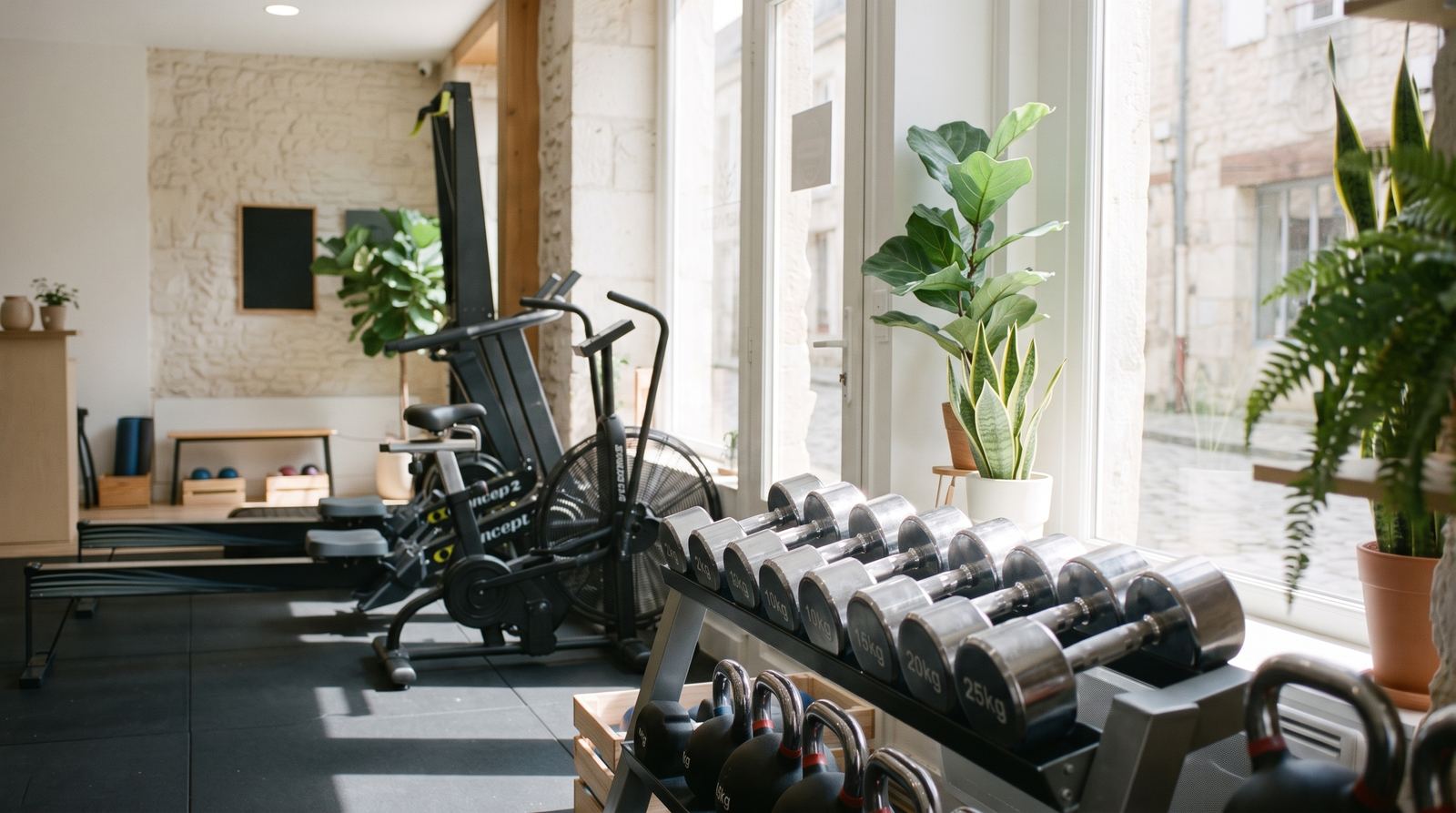 Studio fitness — matériel, protections et machines (exemple MOTIONEST)