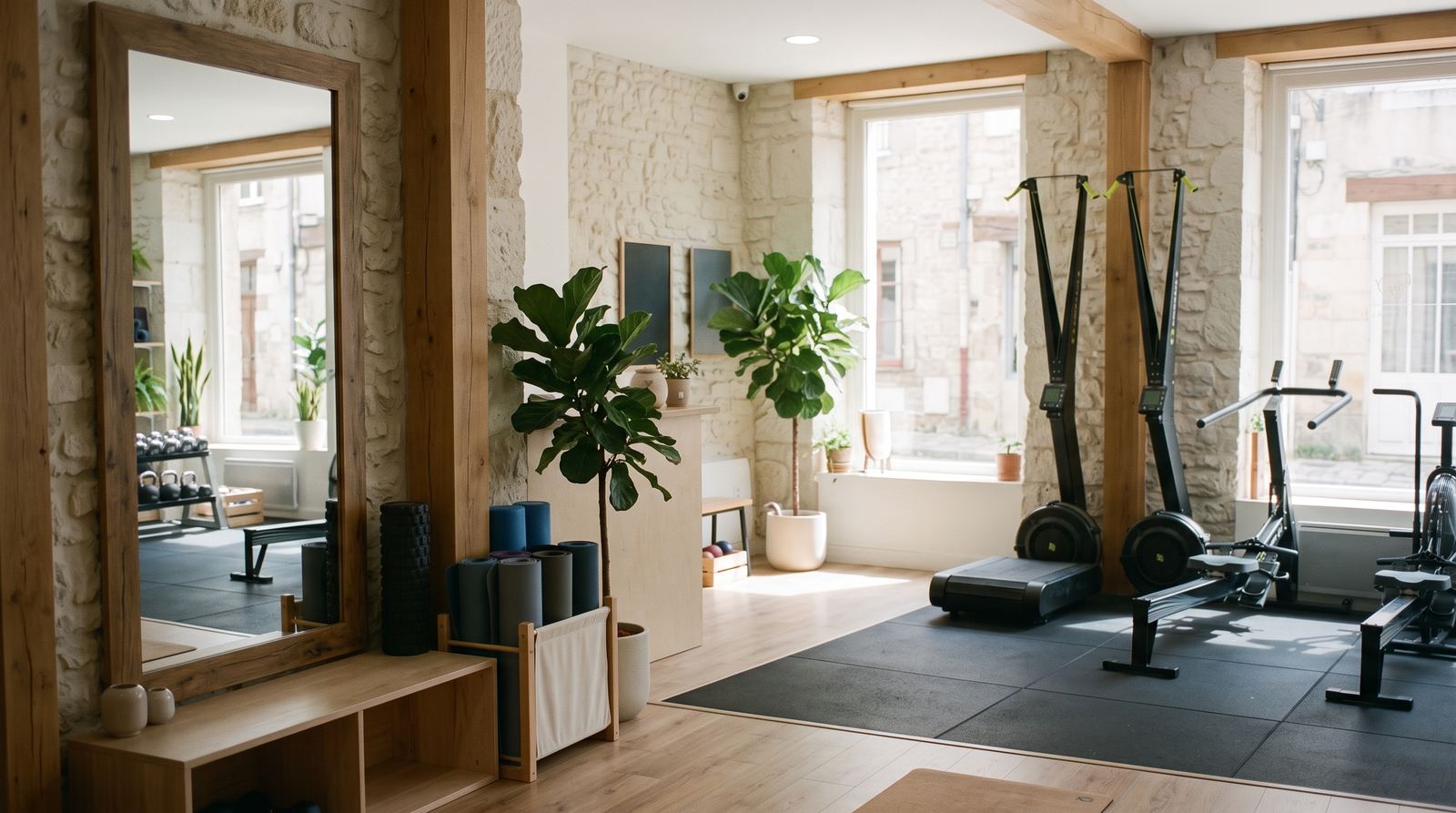 Studio fitness — zone de cours, miroirs et espace au sol (exemple MOTIONEST)