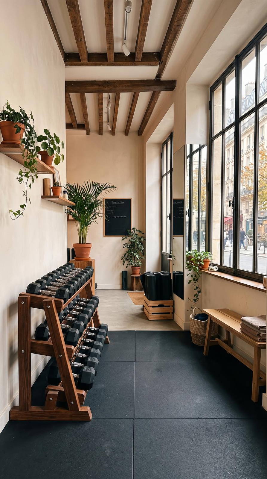 Studio fitness — variante Salle boutique, cadrage vertical 9:16 (exemple MOTIONEST)