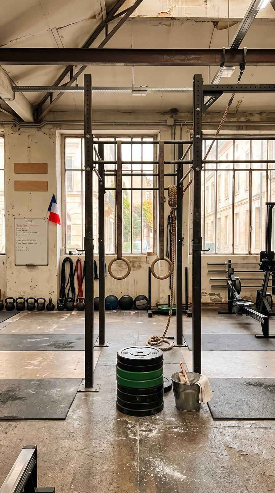 Studio fitness — variante Box cross-training, cadrage vertical 9:16 (exemple MOTIONEST)