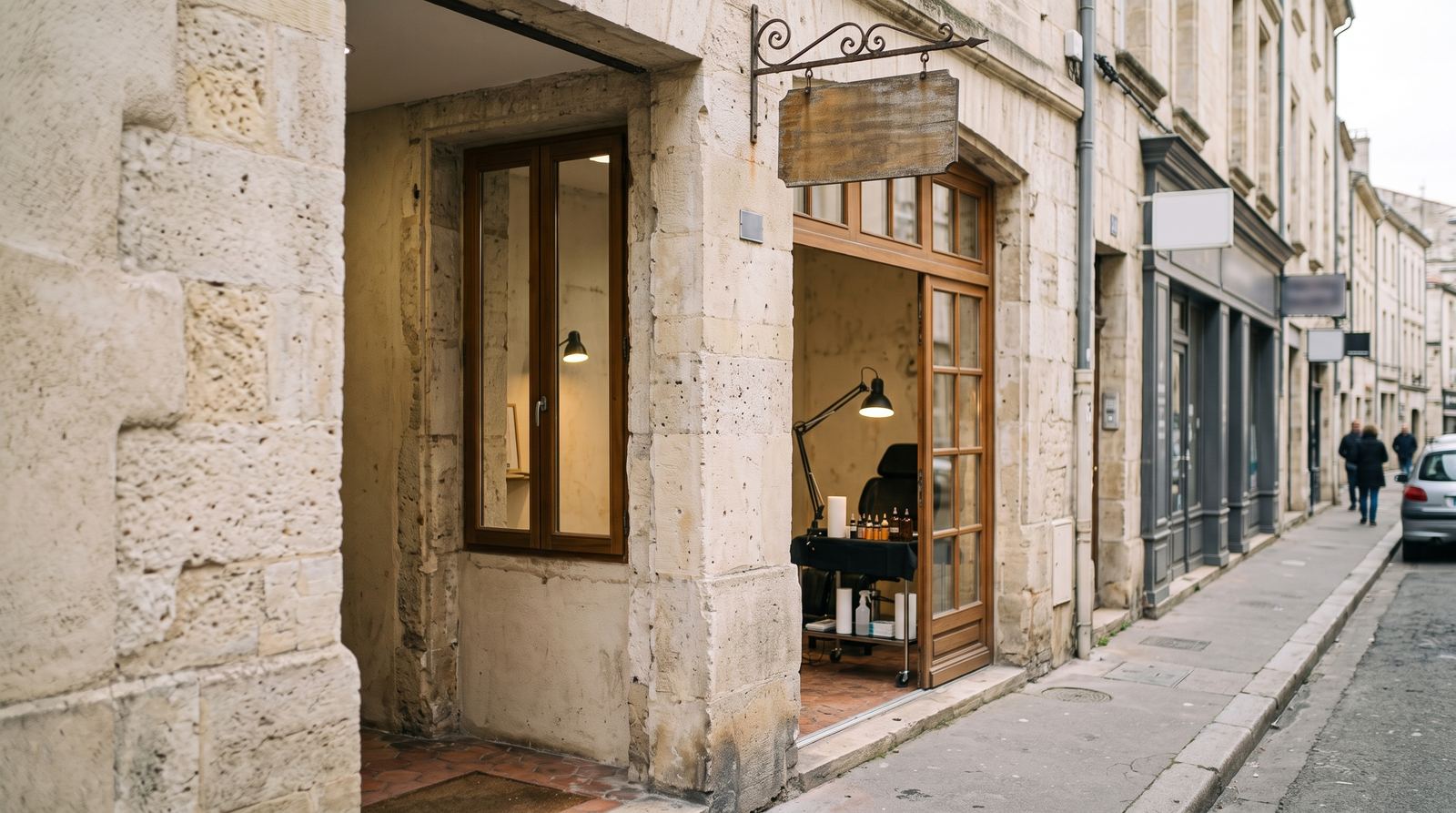 Studio de tatouage — entrée, ce que voit le client en arrivant (exemple MOTIONEST)