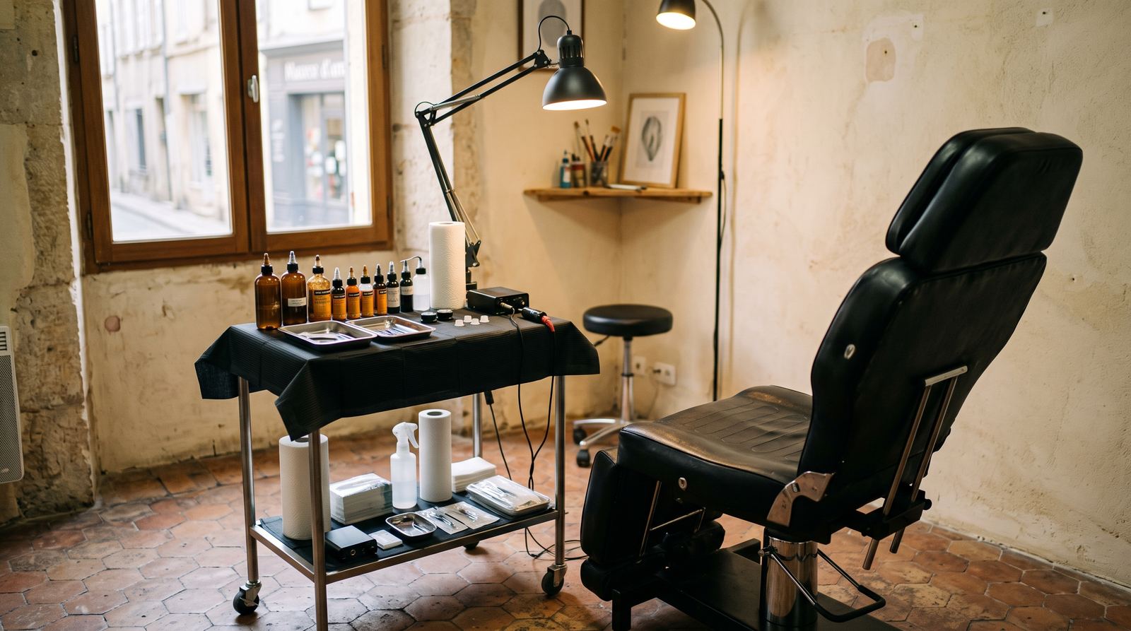 Studio de tatouage — poste de travail, surfaces propres, matériel visible (exemple MOTIONEST)