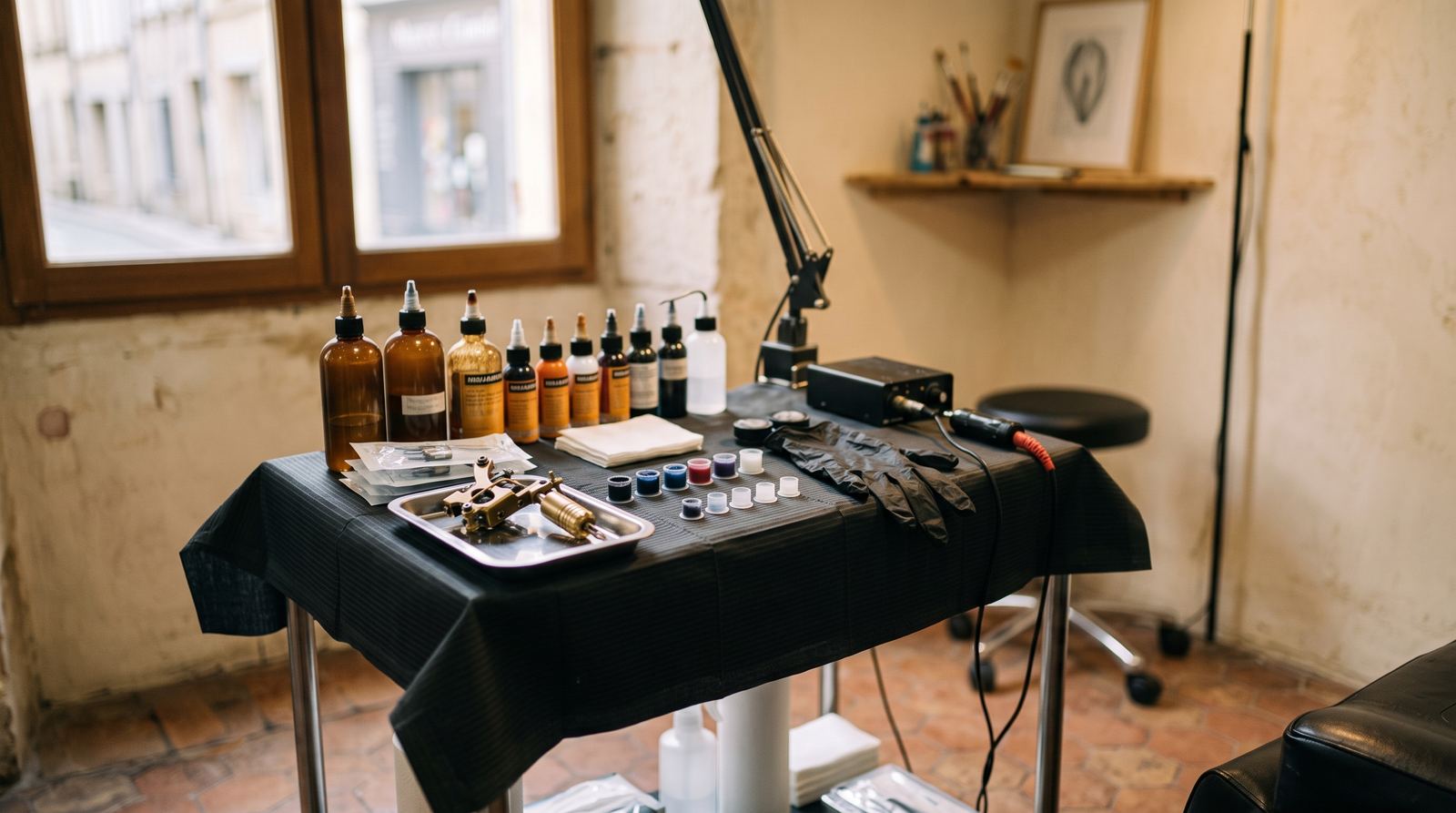 Studio de tatouage — matériel, protections et machines (exemple MOTIONEST)
