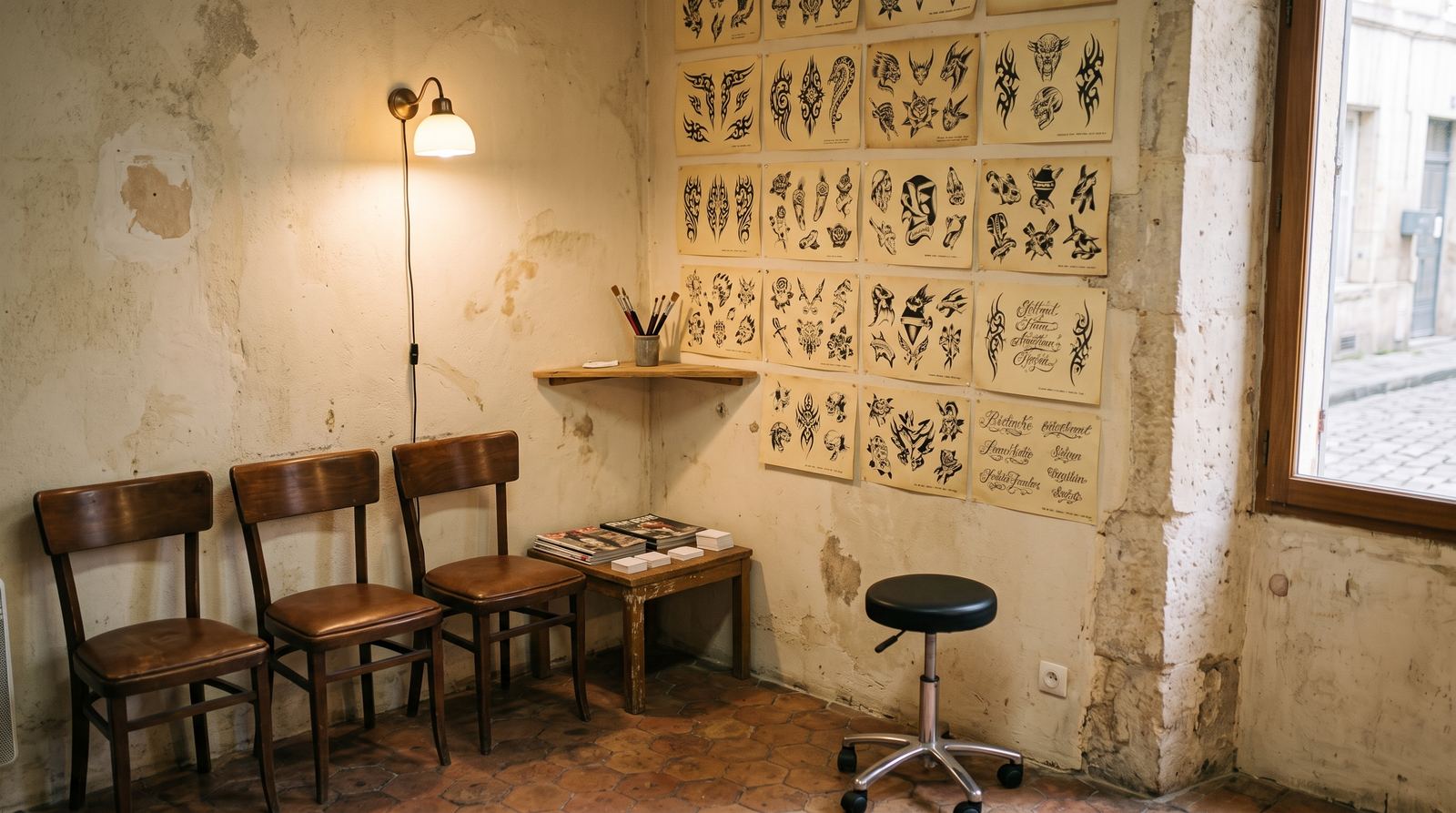 Studio de tatouage — mur de flashs, dessins originaux, non retouchés (exemple MOTIONEST)