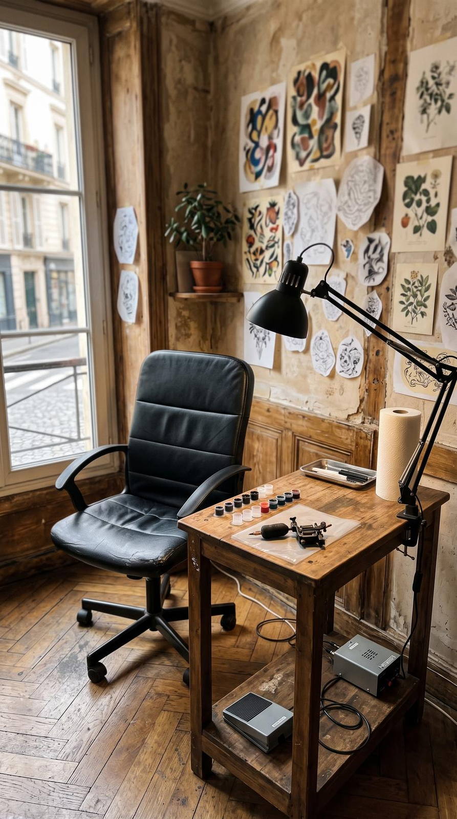 Studio de tatouage — variante Studio graphique, cadrage vertical 9:16 (exemple MOTIONEST)