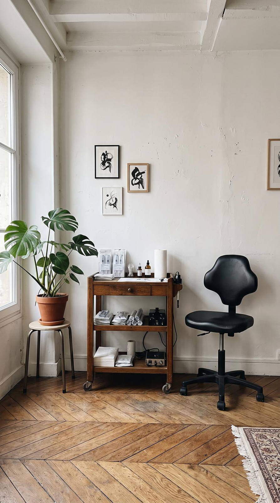 Studio de tatouage — variante Atelier fine line, cadrage vertical 9:16 (exemple MOTIONEST)