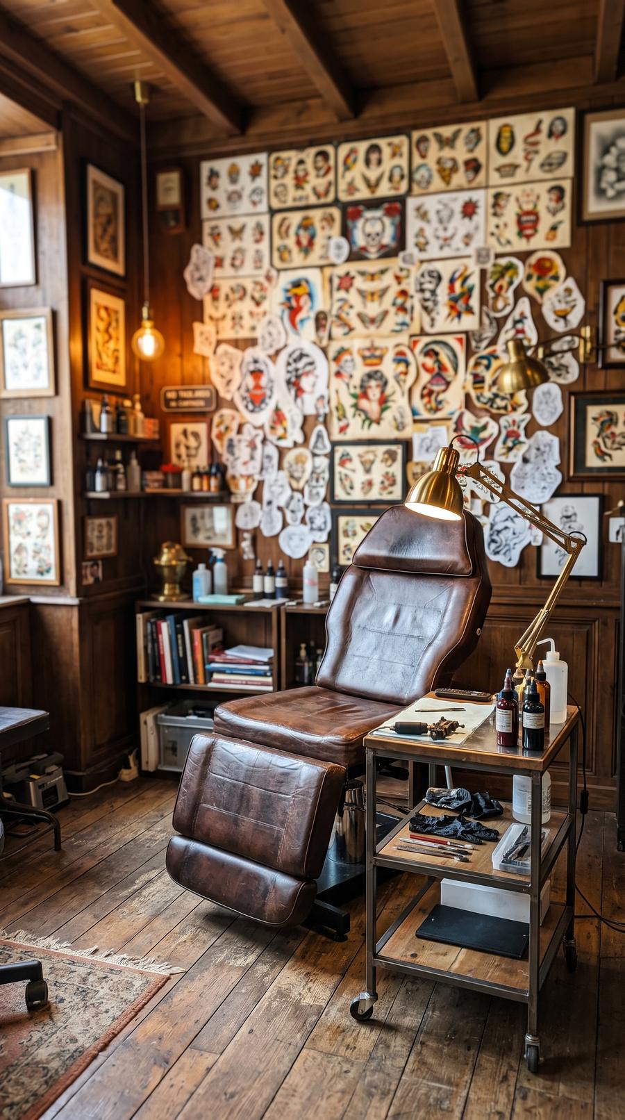 Studio de tatouage — variante Salon old school, cadrage vertical 9:16 (exemple MOTIONEST)